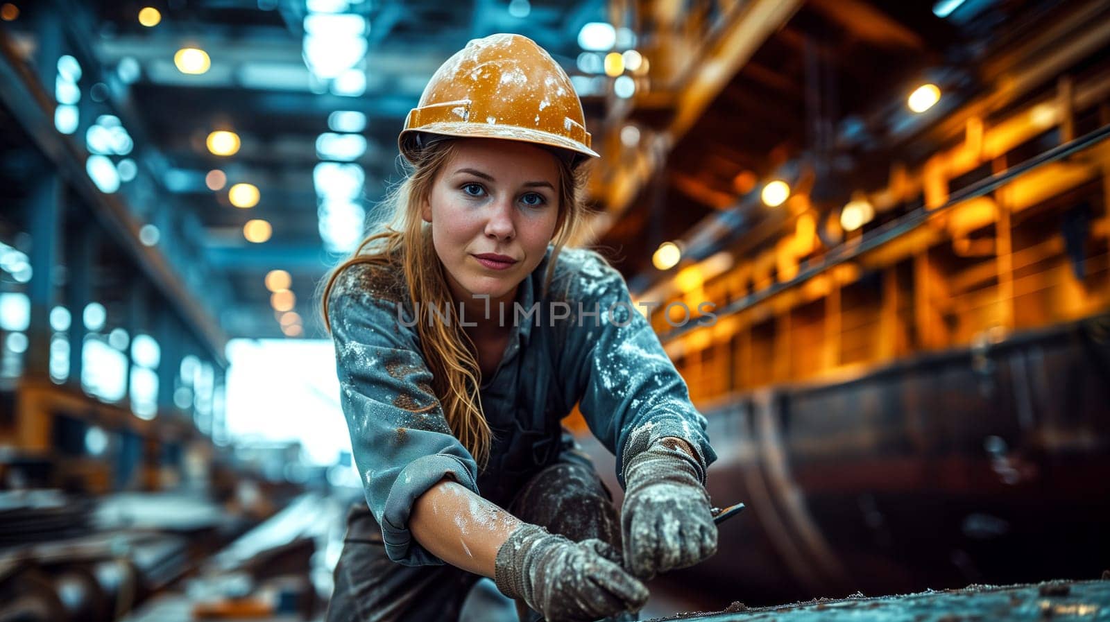 beautiful woman worker works in a shipyard. generated by ai