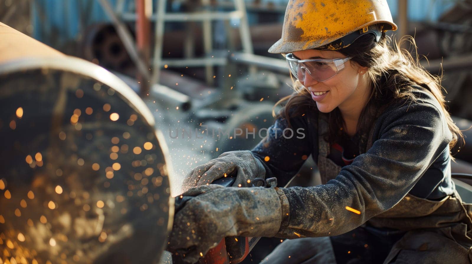 young female metalworker works on a large metal tube. generated by ai
