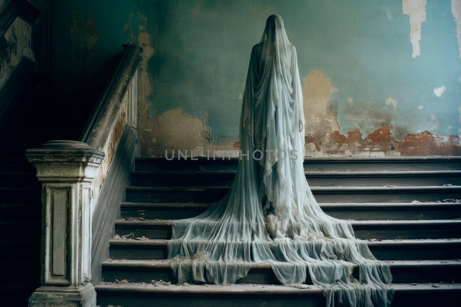 Ghostly figure standing on stairs at abandoned house. AI generated