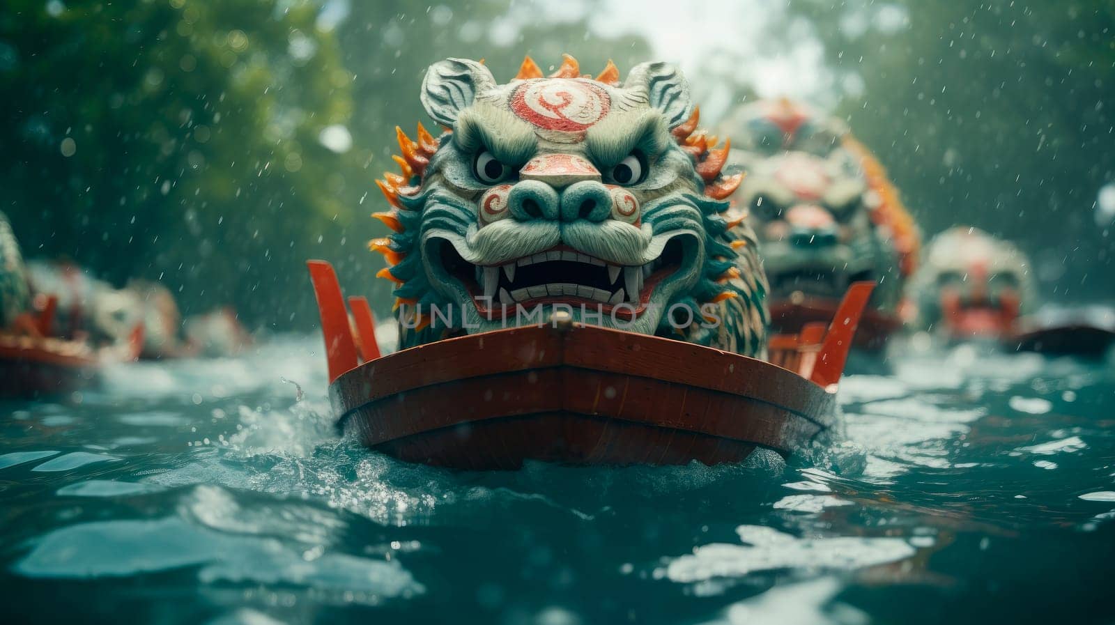 Prow of wooden Dragon Boat - traditional longboat used in Dragonboat festival racing. AI generated