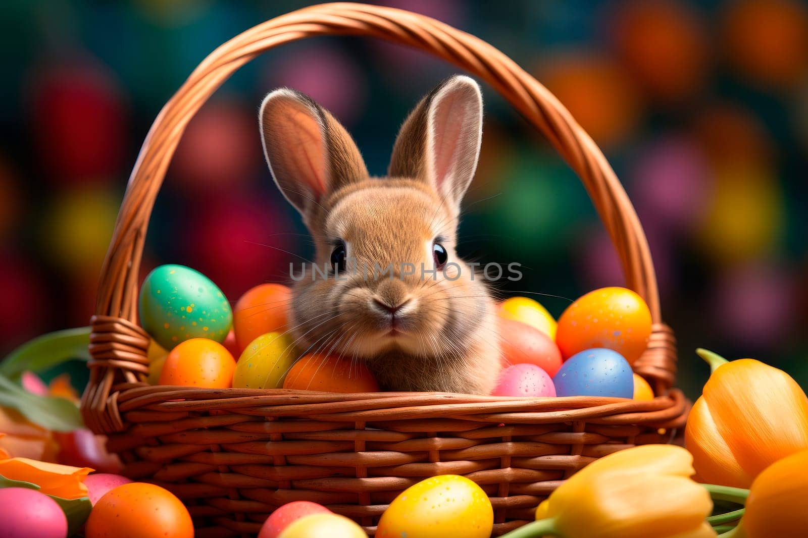 Small ,baby rabbit in easter basket with fluffy fur and easter eggs. Easter card or wallpaper. AI generated