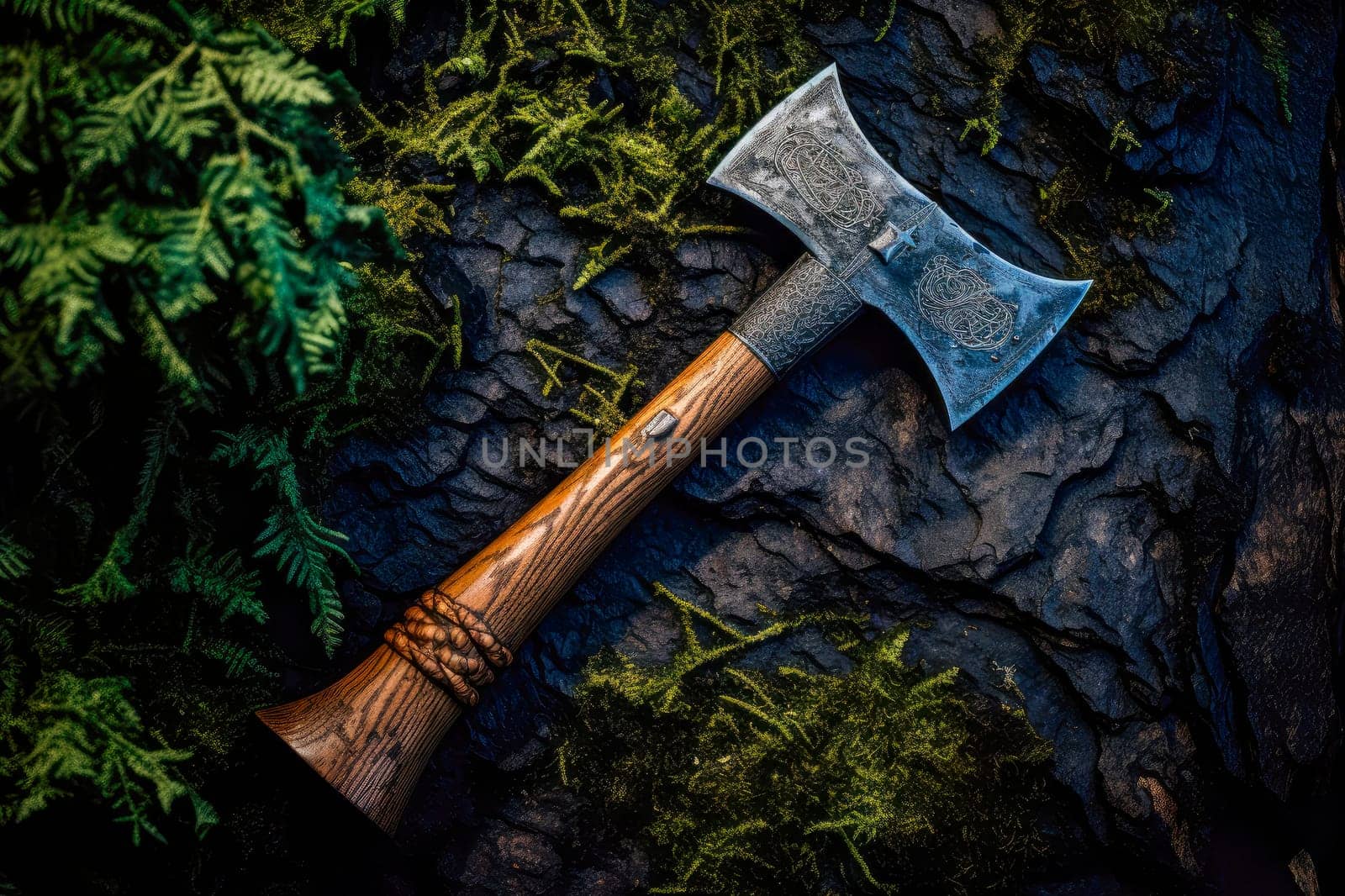 Antique medieval  axe with wooden handle on a mossy stone surface. AI generated