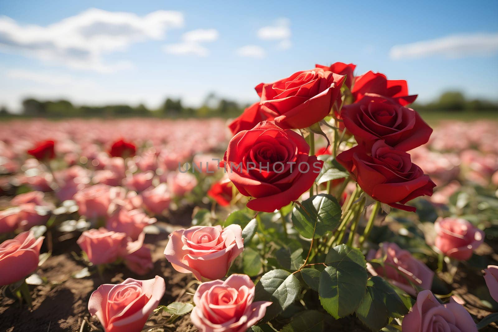 Digital painting of a beautiful rose that stands out in the middle of blurred rose garden. White clouds float and sunlight falls beautifully. Suitable for use as greeting cards for various occasions.