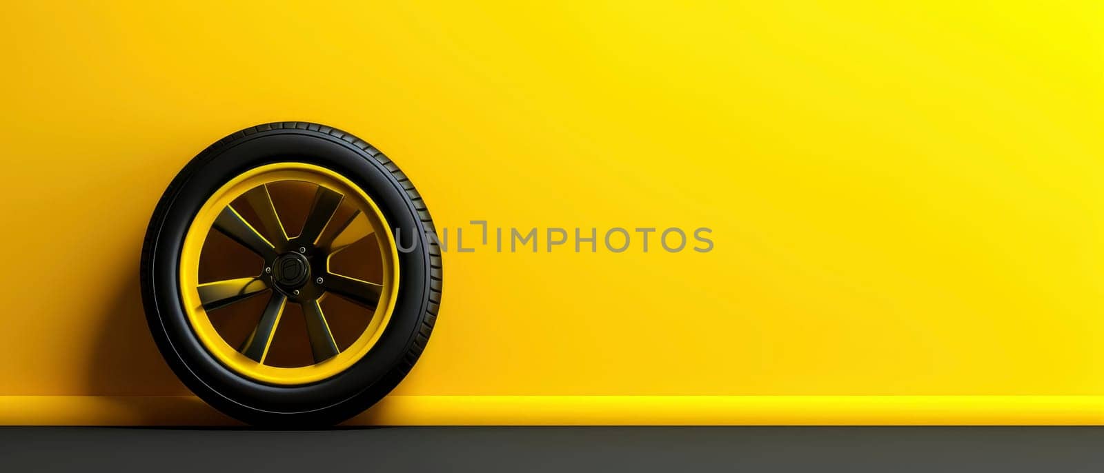 Modern Car Wheel on Bright Yellow Background. High quality photo