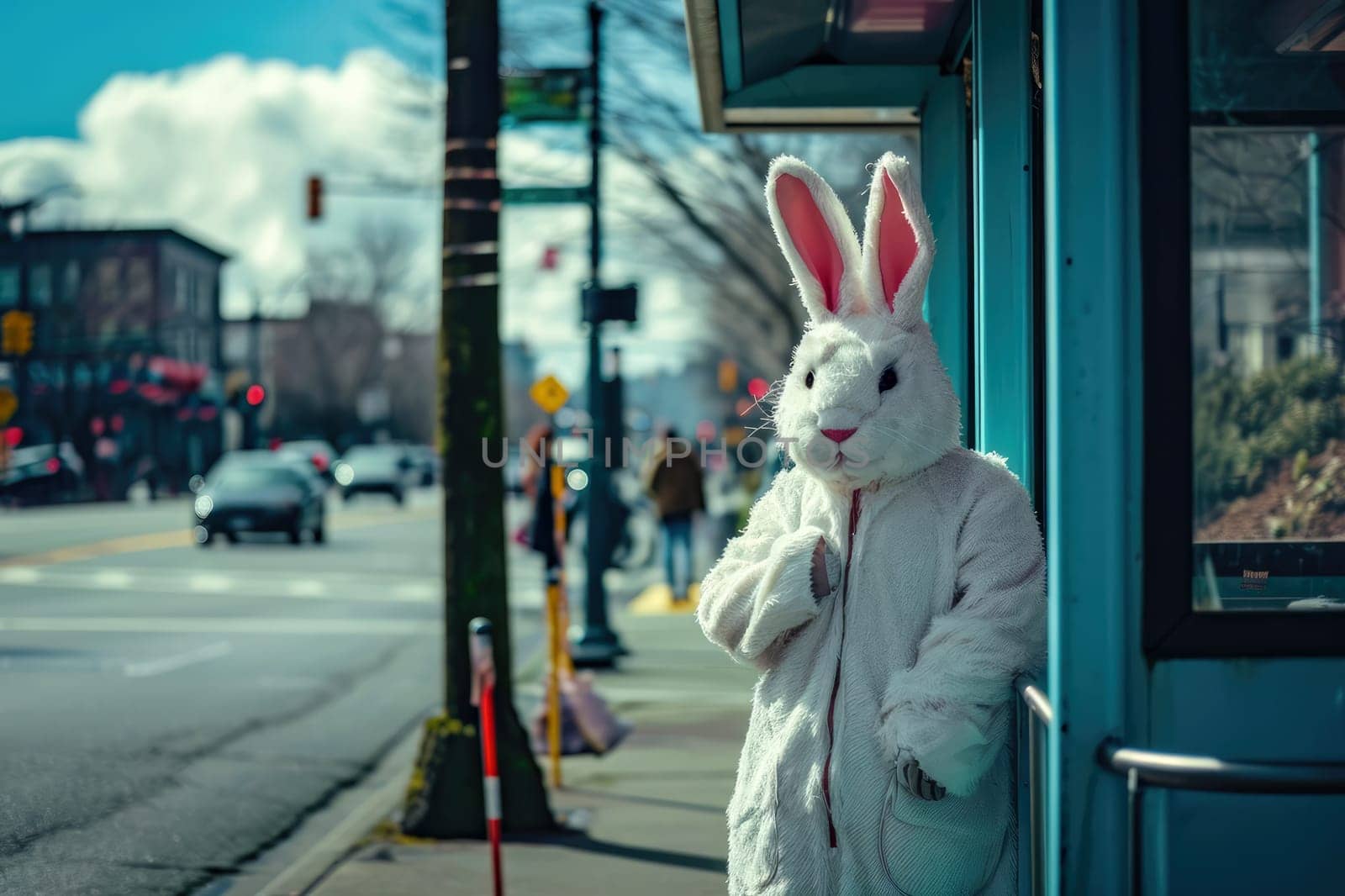 Funny image of a man wearing a easter bunny costume on a street