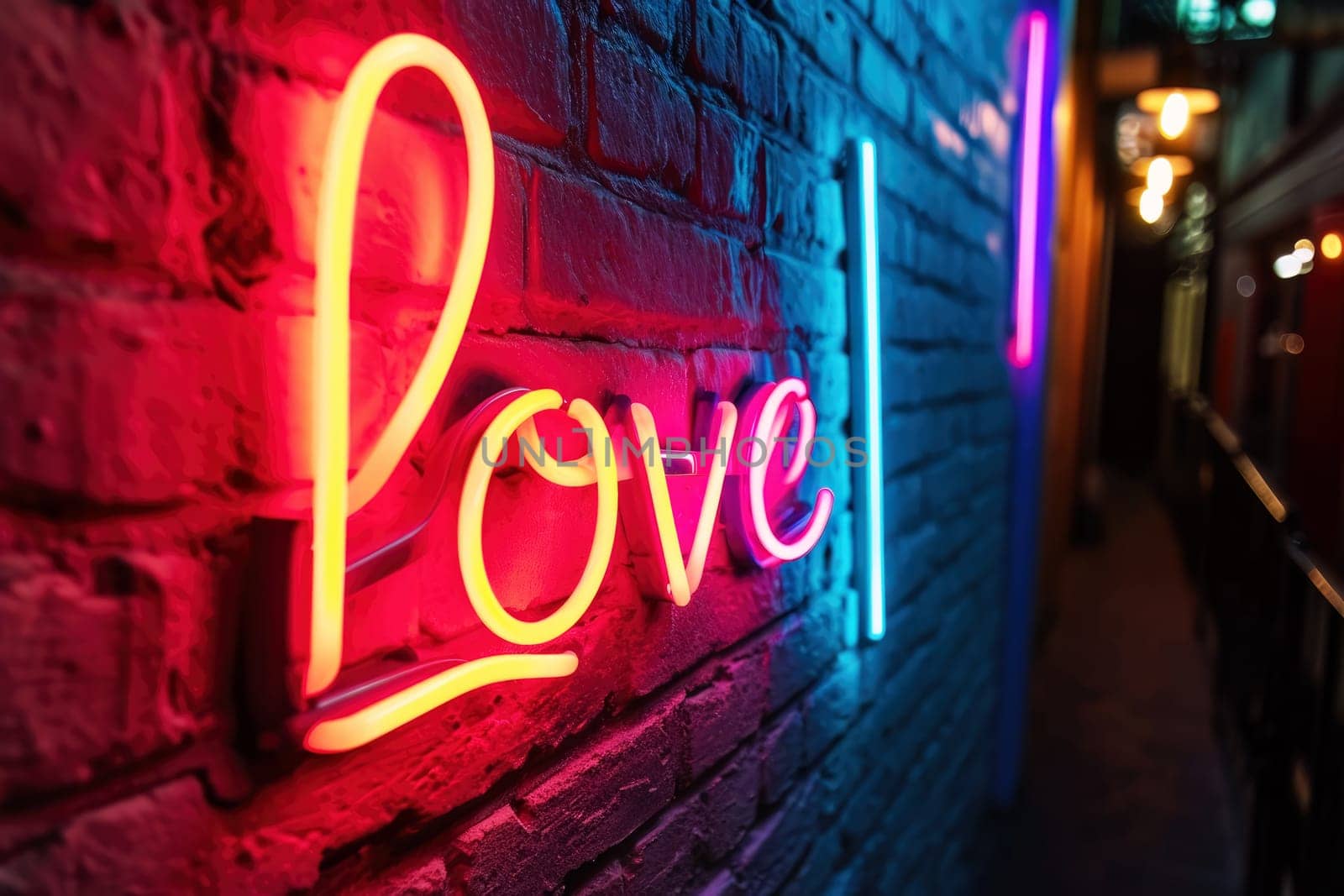 Text Love in neon sign on a wall in a city