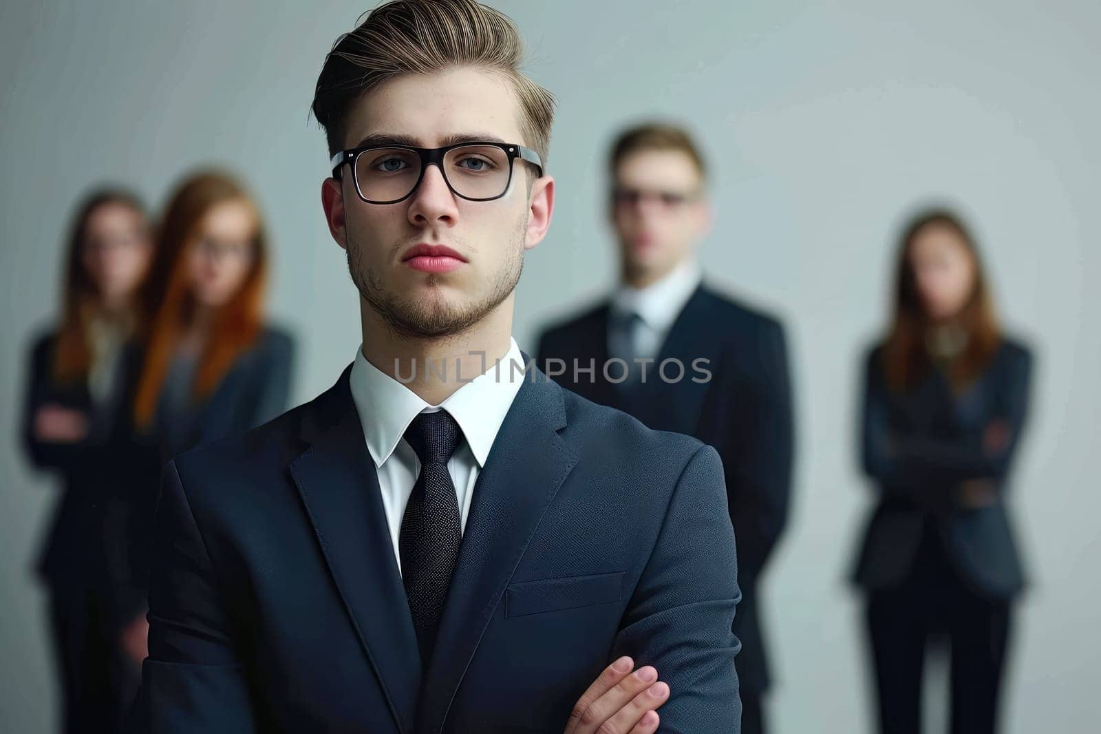 Young man wearing a suit and standing in front of a team
