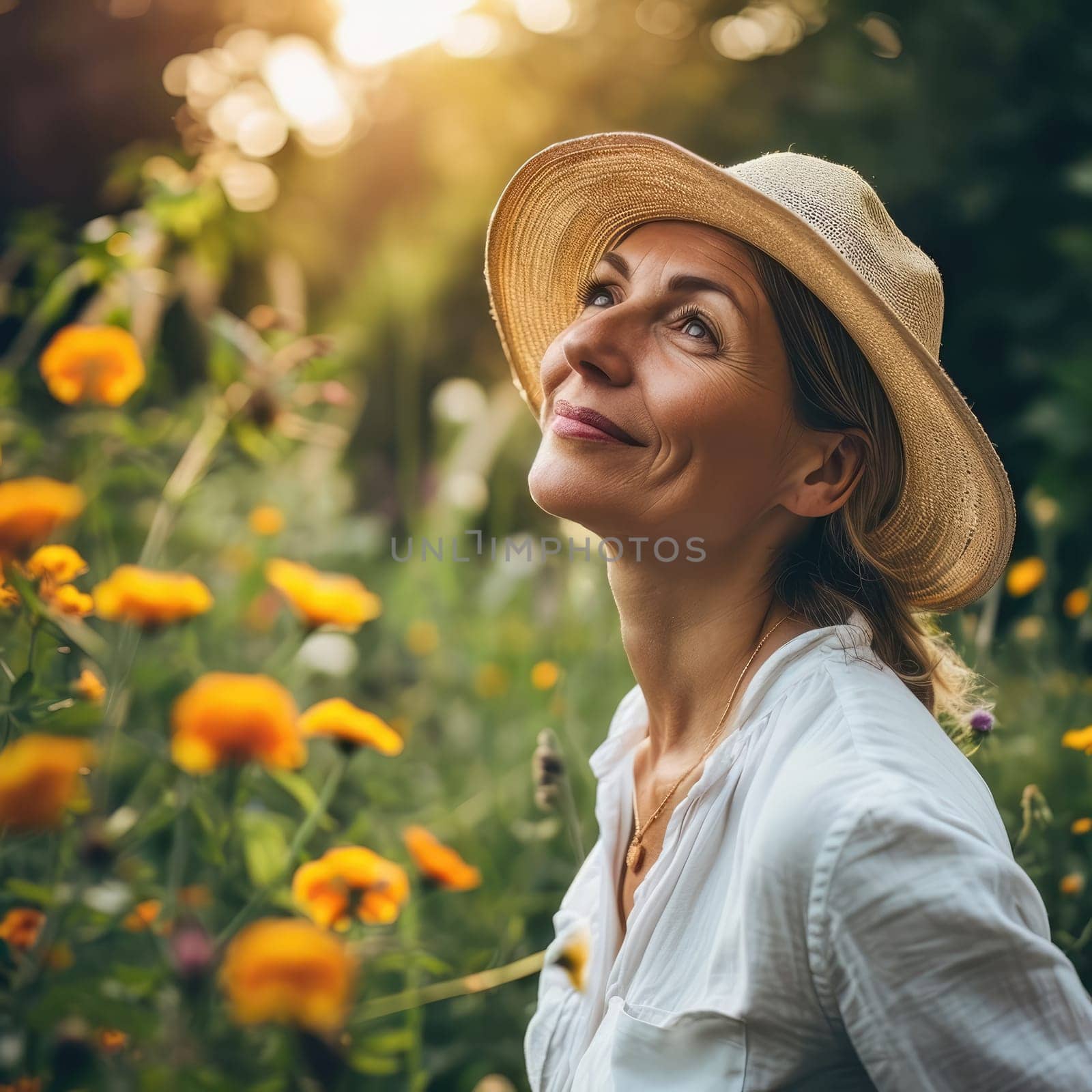 Portrait of a happy middle-aged woman wearing a straw hat outside in a graden with floers