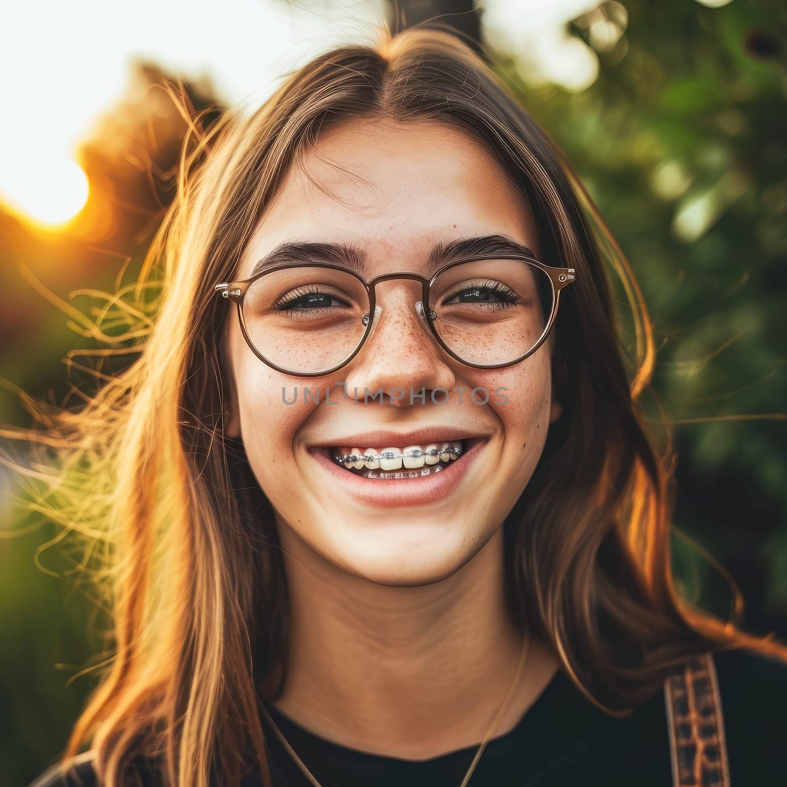 Portrait of a smiling teen girl with braces and glasses