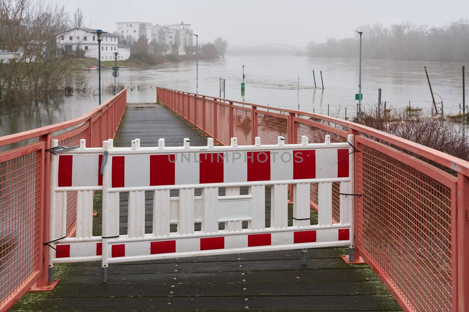 Closed bridge during the flood on the River Elbe in the Magdeburg district of Buckau in January 2024