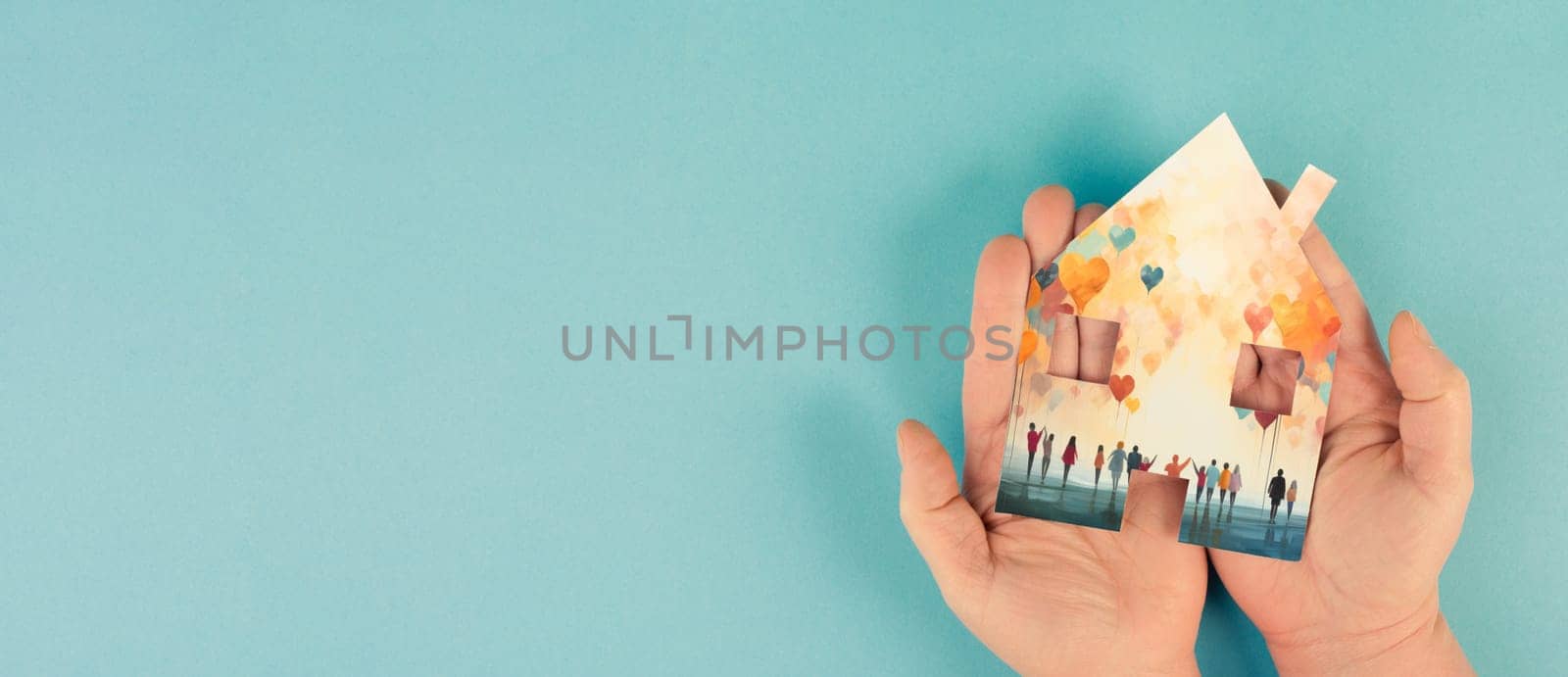 House with multicultural people, colorful hearts, volenteer and humanitarian help concept, charity and friendship, support teamwork, home for refugee