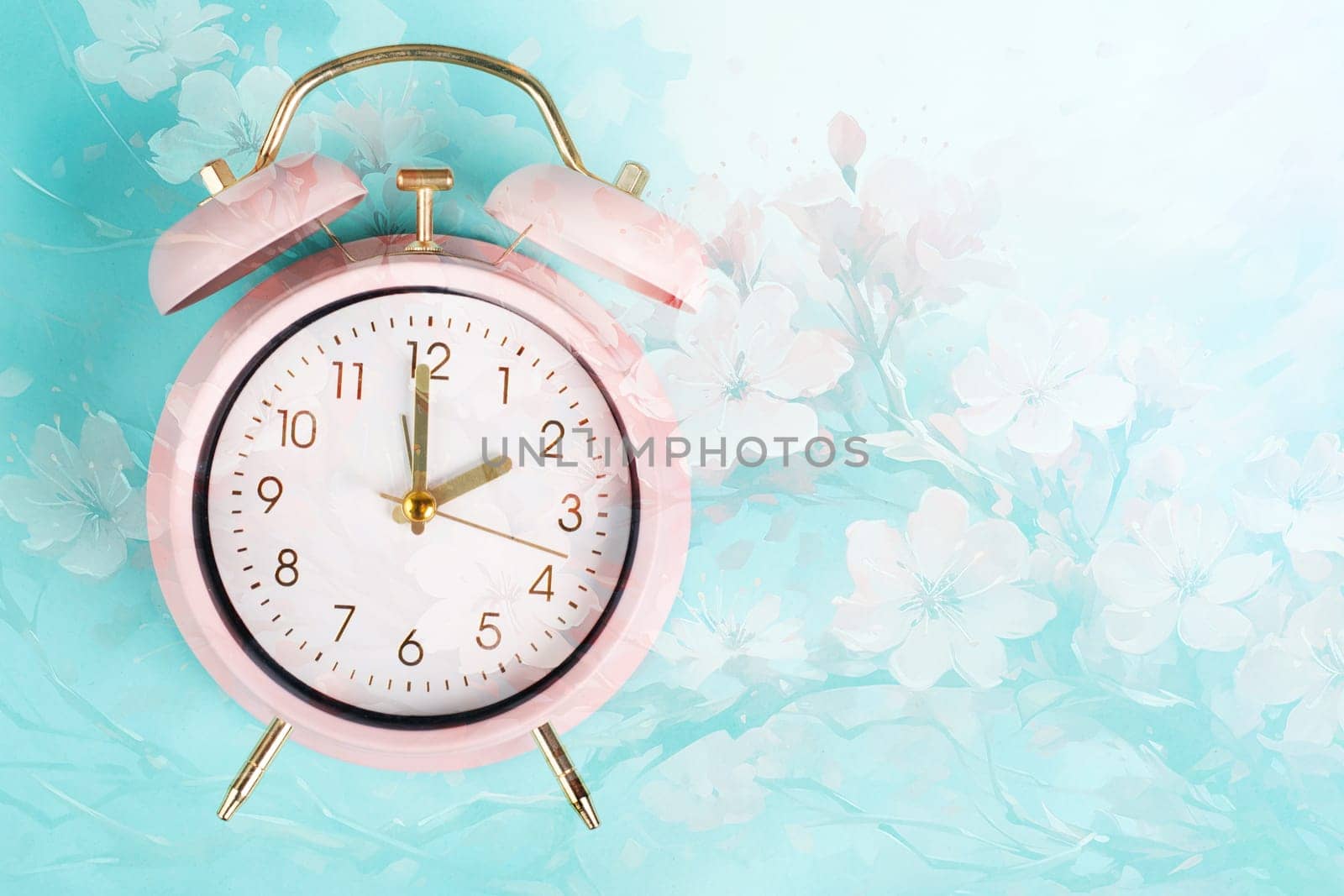 Alarm clock with cherry blossoms, switch to daylight saving time in spring, summer time changeover