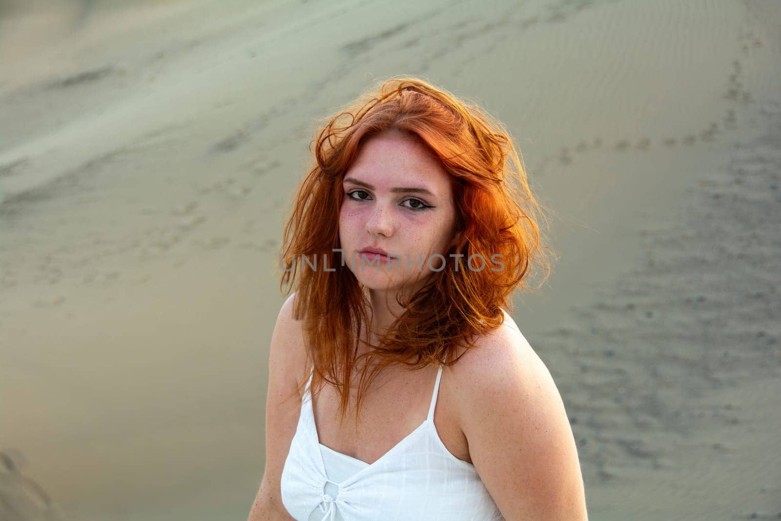 Young girl with red hair, on the beach in summer, her hair tousled by the wind, and slight sunburn on the face
