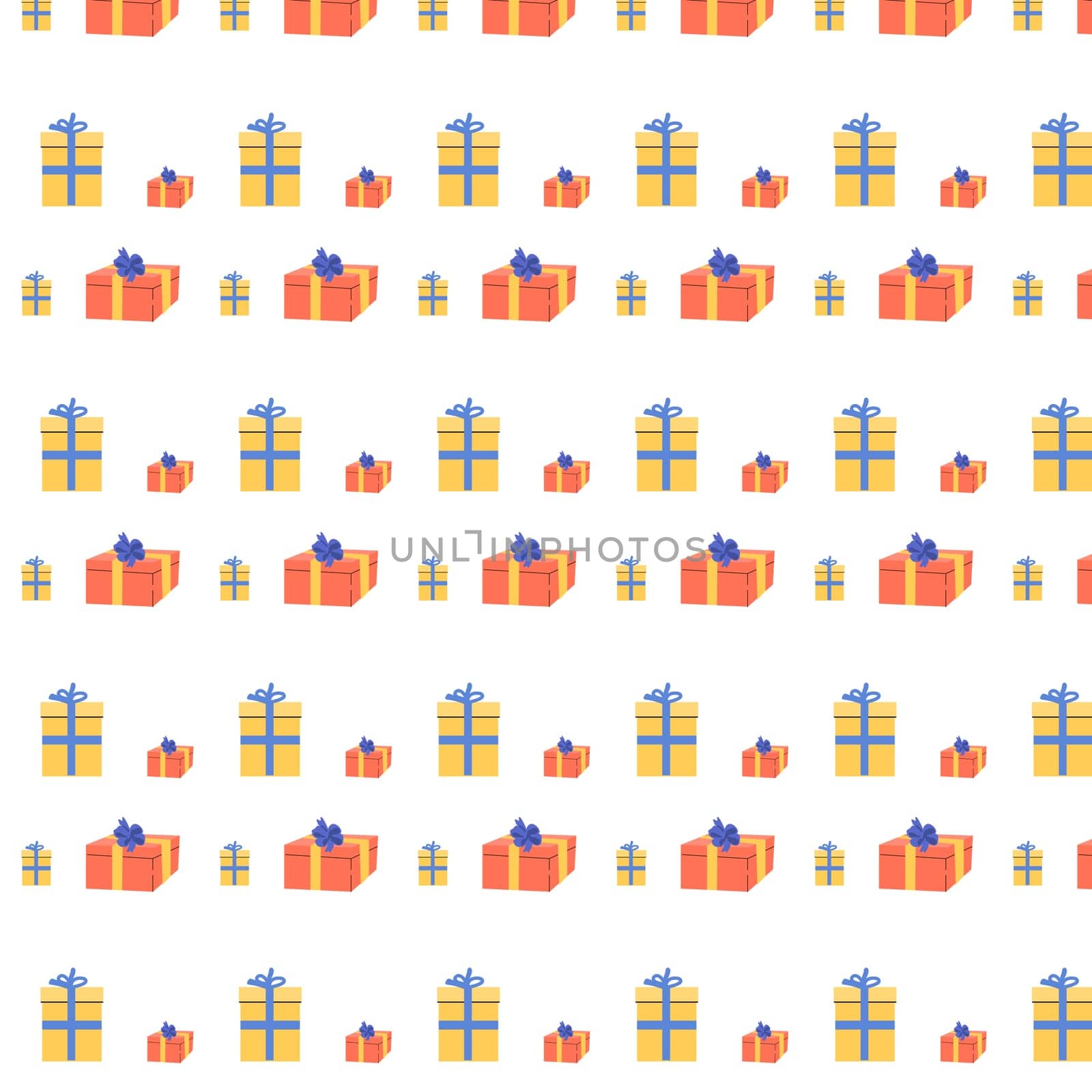 cartoon gift box seamless pattern isolated. Vector illustration with red and yellow box with blue bow. Hand drawn background for wrapping paper.