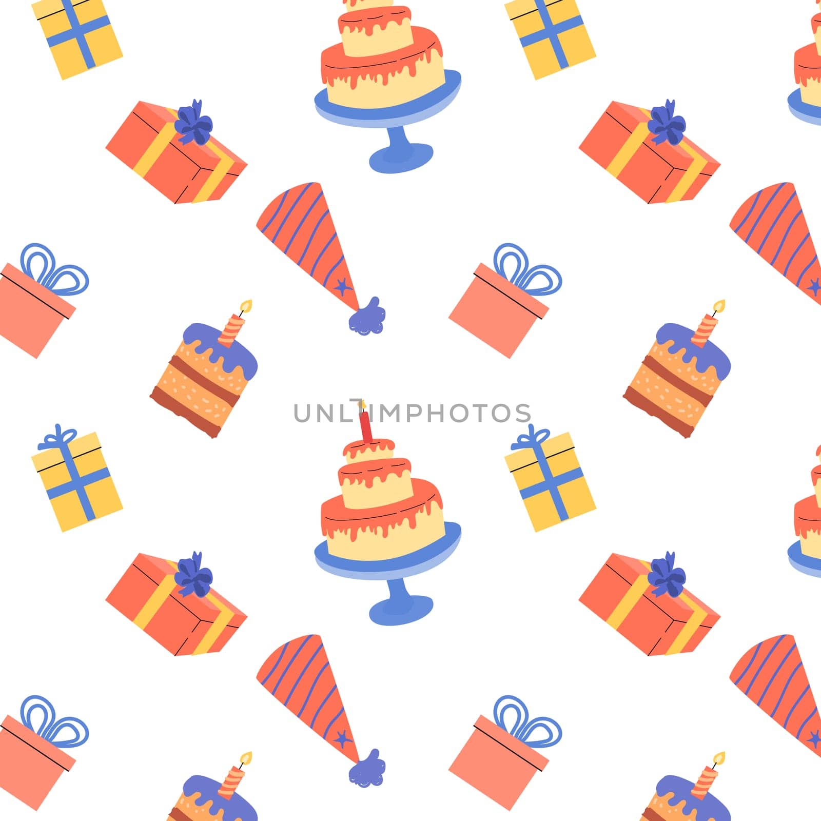 birthday anniversary seamless background with cake and box, birthday hats. Vector illustration isolated.