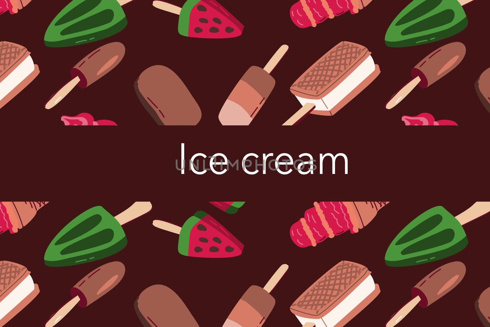 ice cream cartoon background - cover template. Vector illustration isolated. Can used for ice cream cover, wrapping paper template, cartoon ice cream banner on brown background.