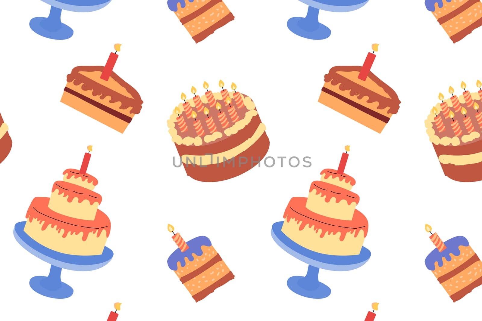 cartoon cakes celebration seamless pattern. Vector illustration on white background.