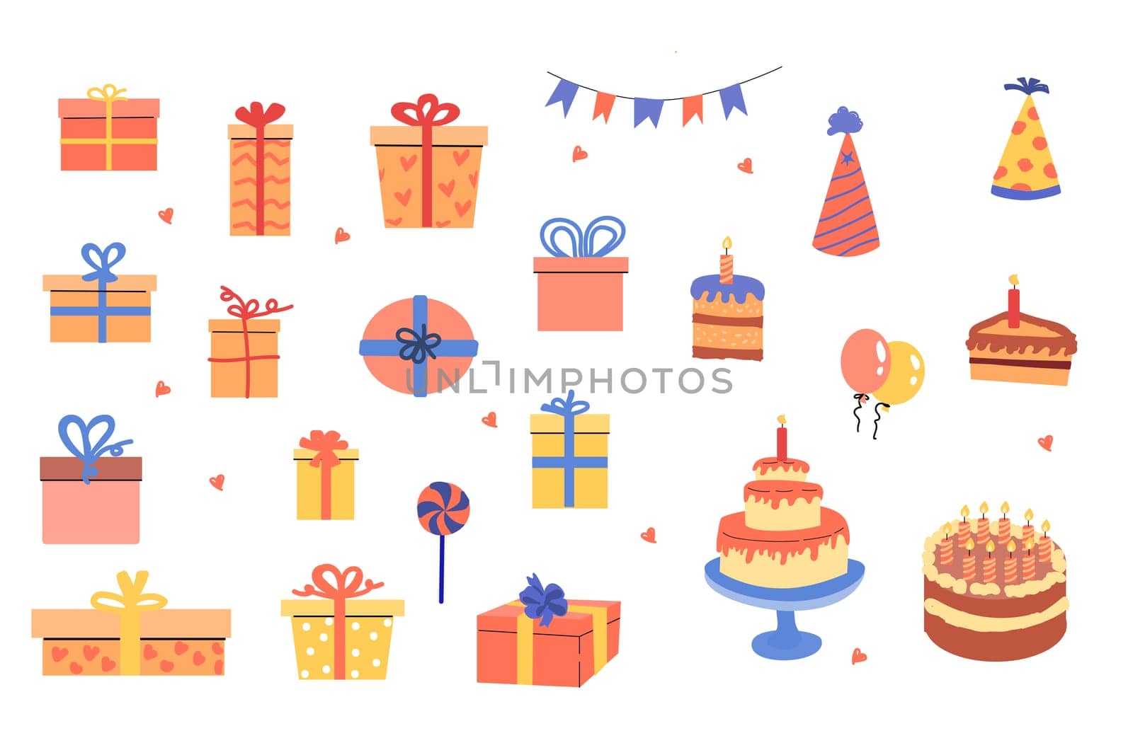 anniversary and holiday set of box, cake and balls. Vector illustration isolated