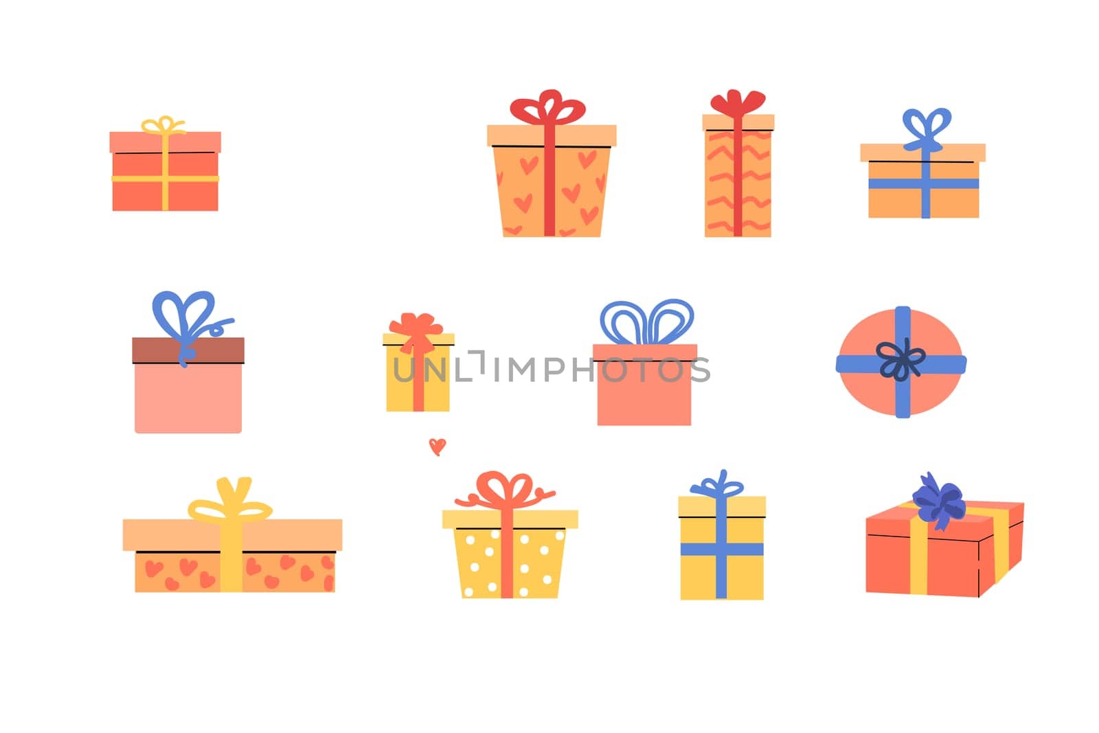 set of Hand drawn presents in pink and peach, yellow colors. Vector illustration isolated. Top above, top view.