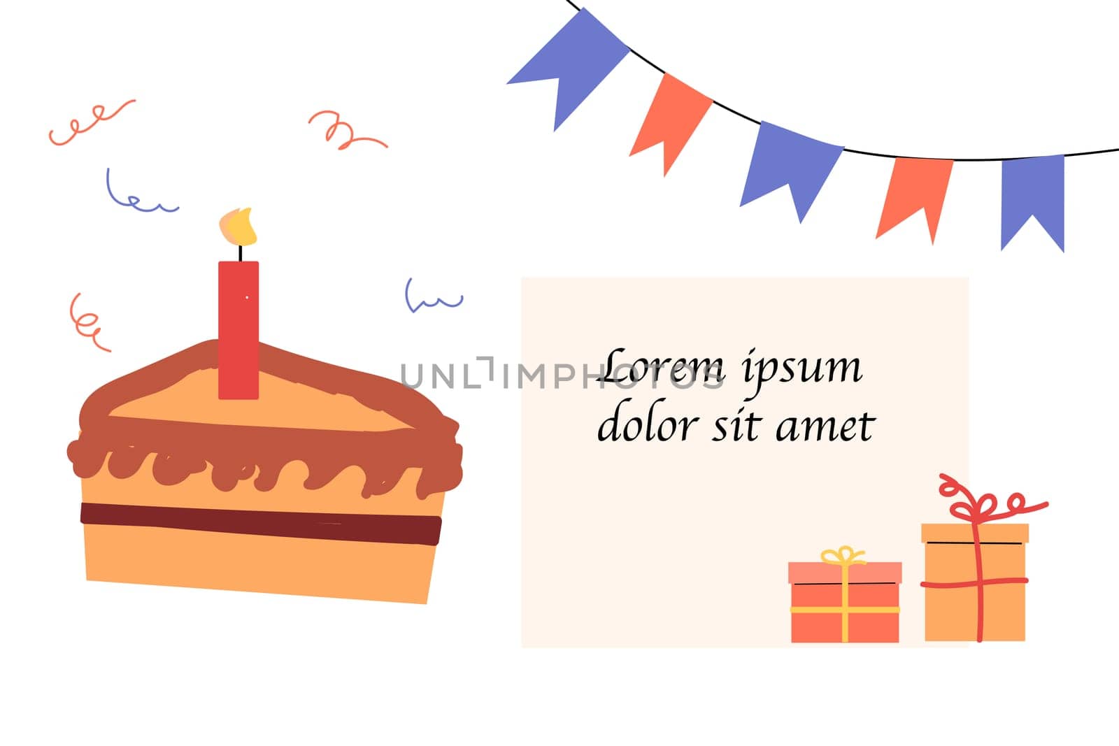 cartoon cake pie with candle - banner or card . Vector illustration of confetti, cake, boxes. Celebration banner.