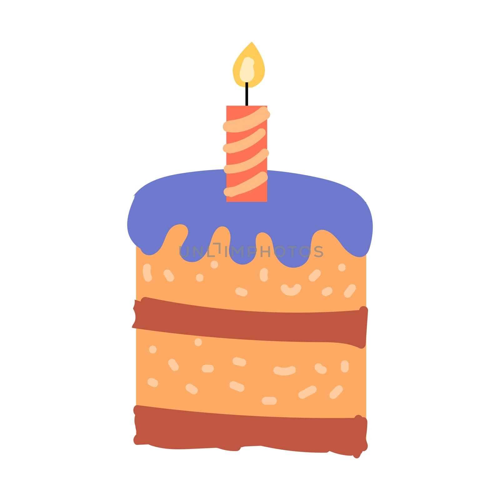 Hand drawn cartoon peach cake with cream and candle. Vector illustration isolated. Can used for poster, greeting card, label.