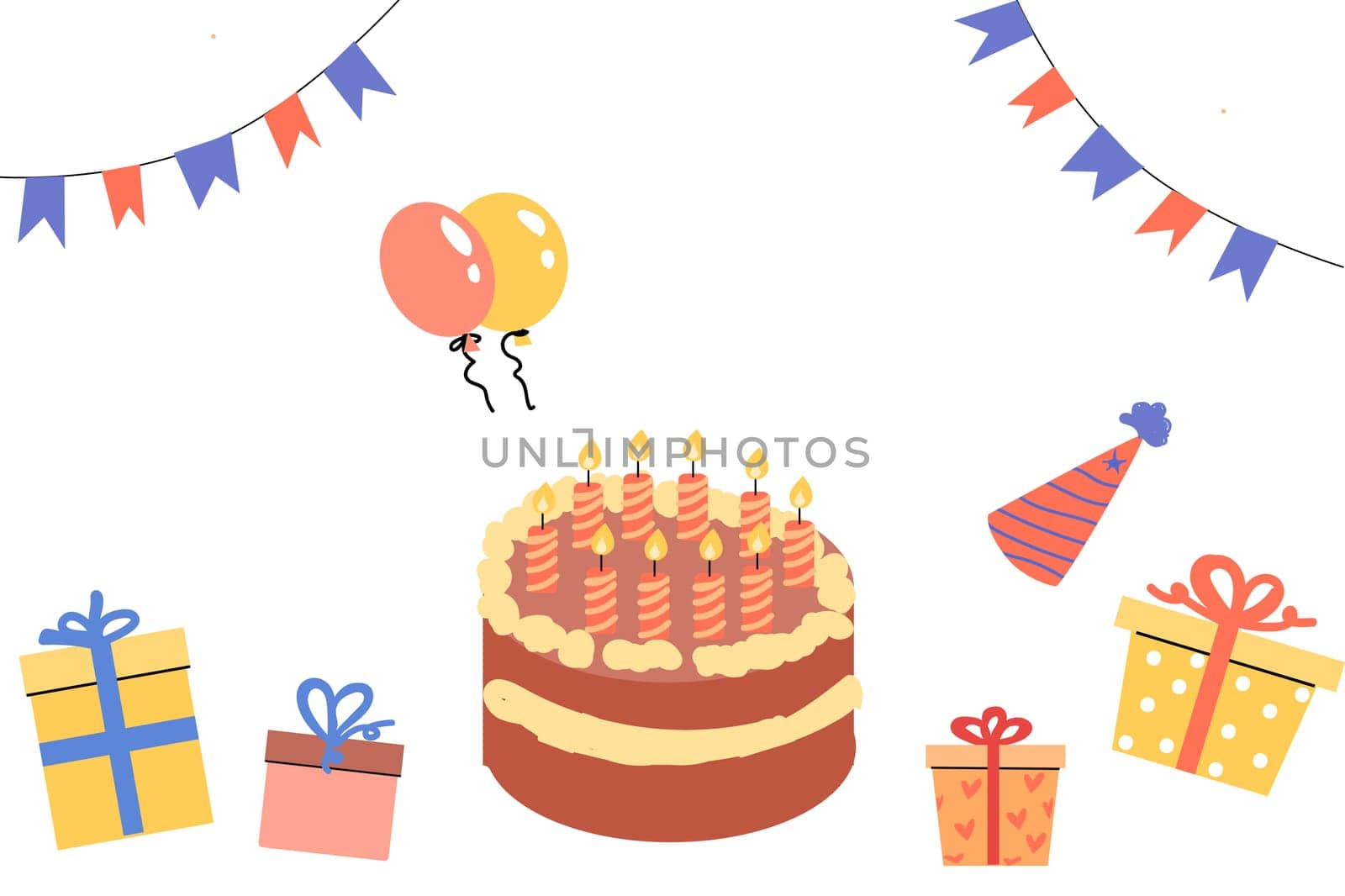 celebration banner with cake, box and copy space. Vector illustration isolated.
