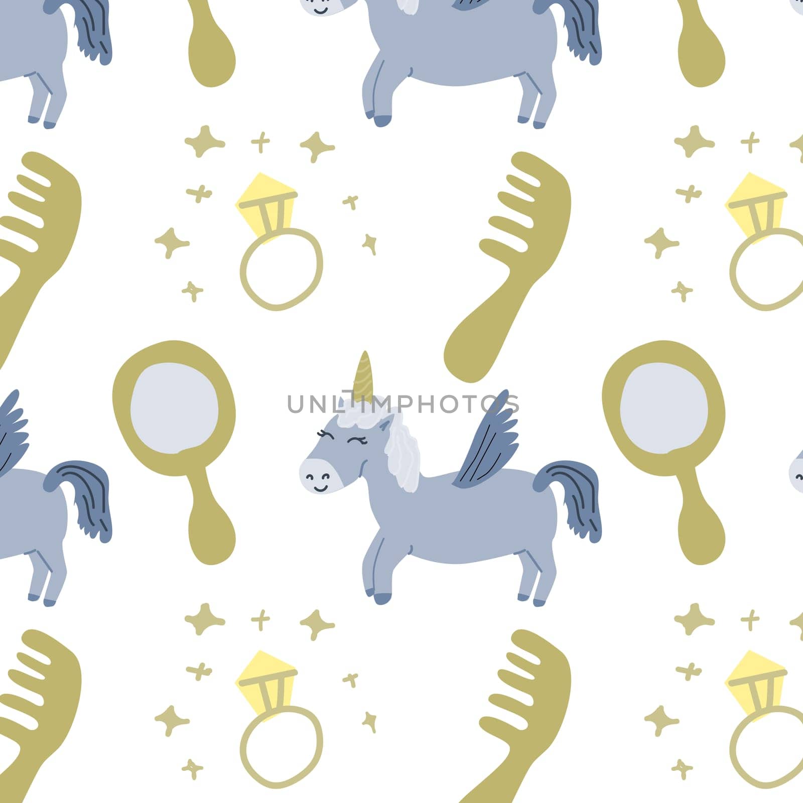 cute fairy characters unicorn and princess accessories seamless pattern. Vector illustration can used for greeting card, childish celebration card, wallpapers.