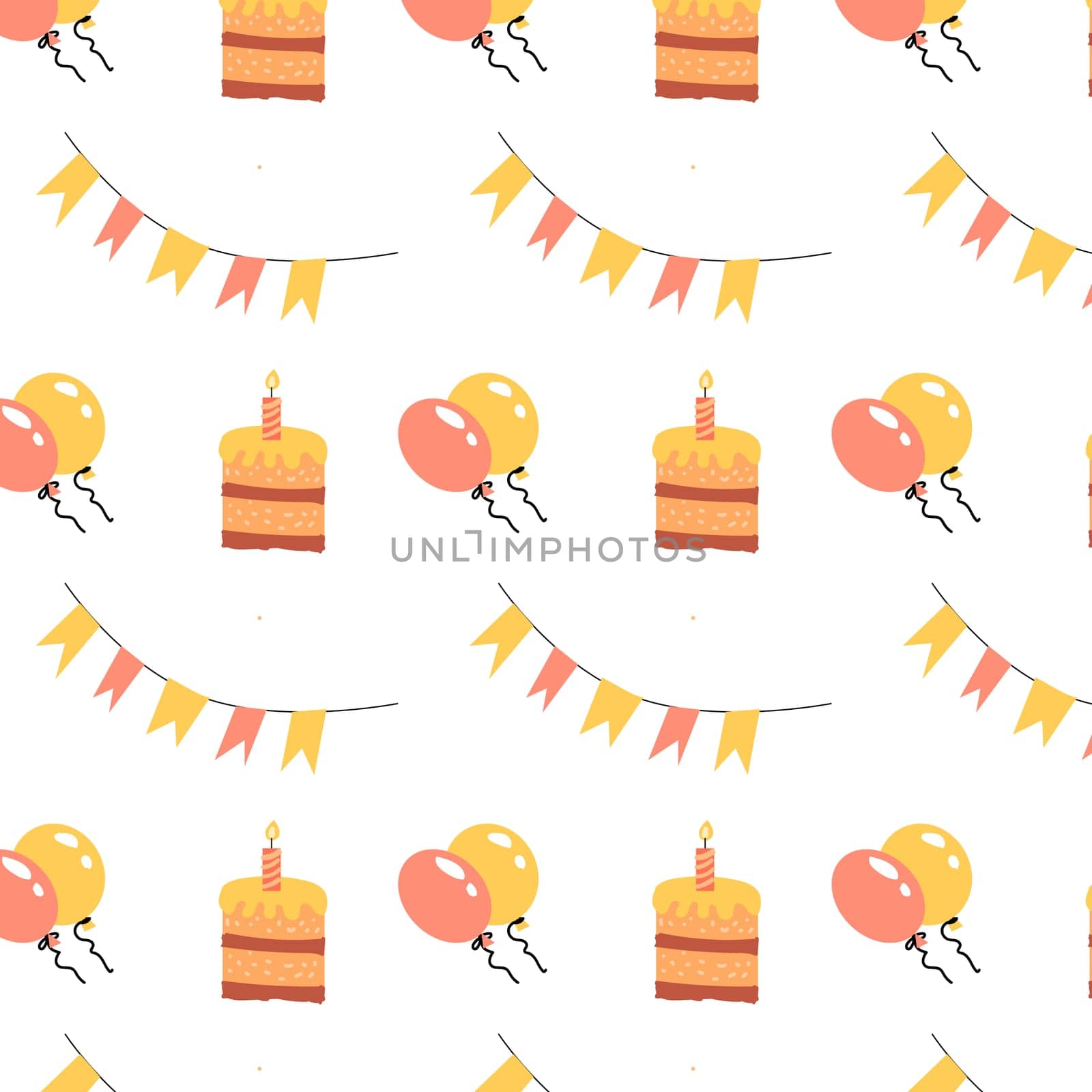 birthday seamless background with cartoon cake, baloon, flags. Vector illustration