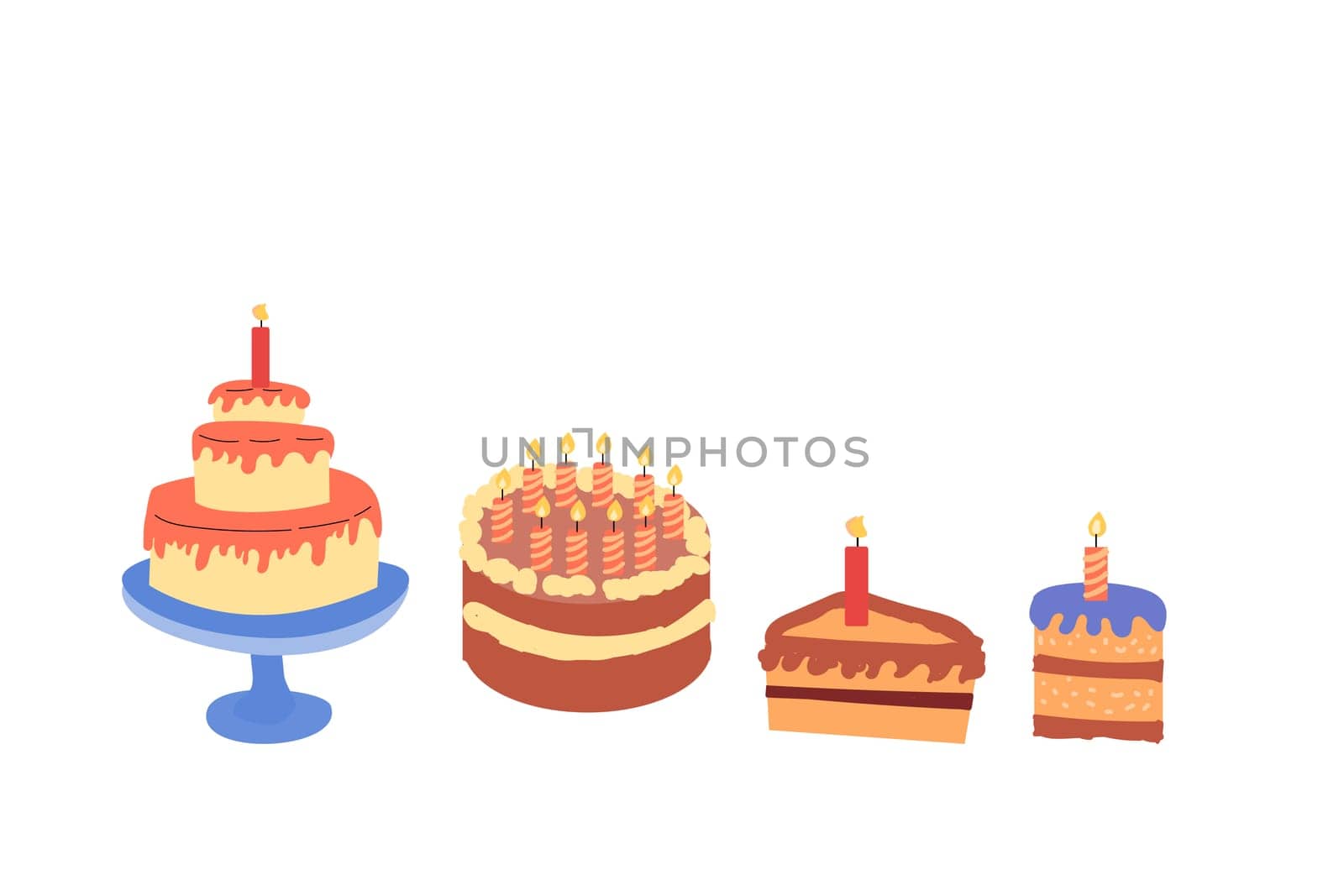 set of cake collection for anniversary holiday. Vector illustration isolated. Vector set of different cakes with candles.