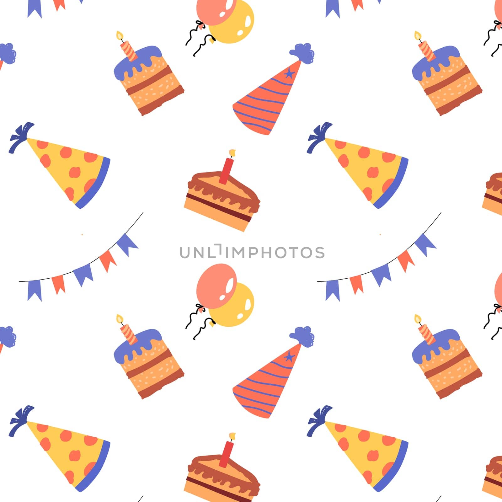 birthday anniversary seamless background with birthday hat and cakes. Vector illustration