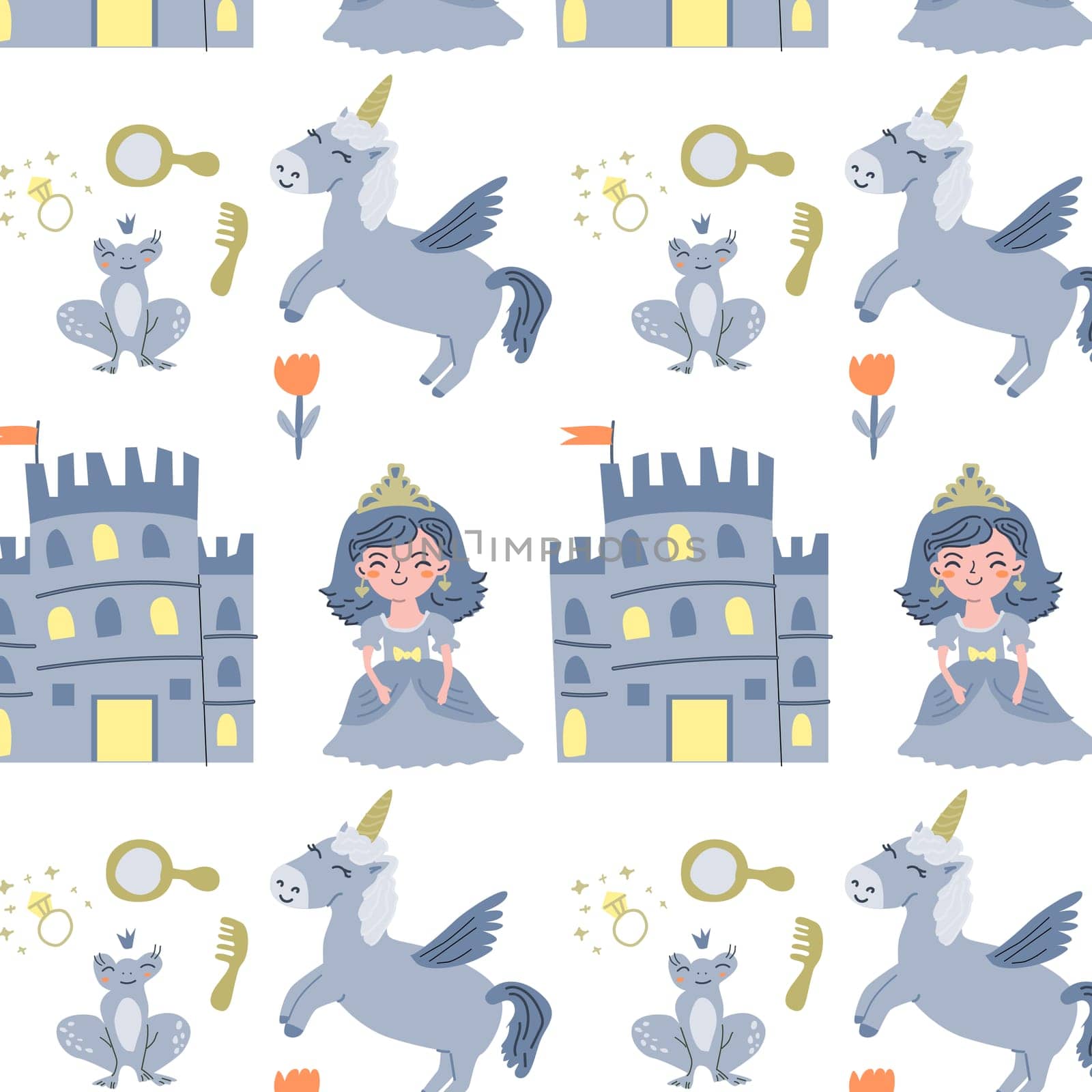 cute fairy characters girl princess and animal seamless pattern . Vector illustration can used for greeting card, childish celebration card, wallpapers.
