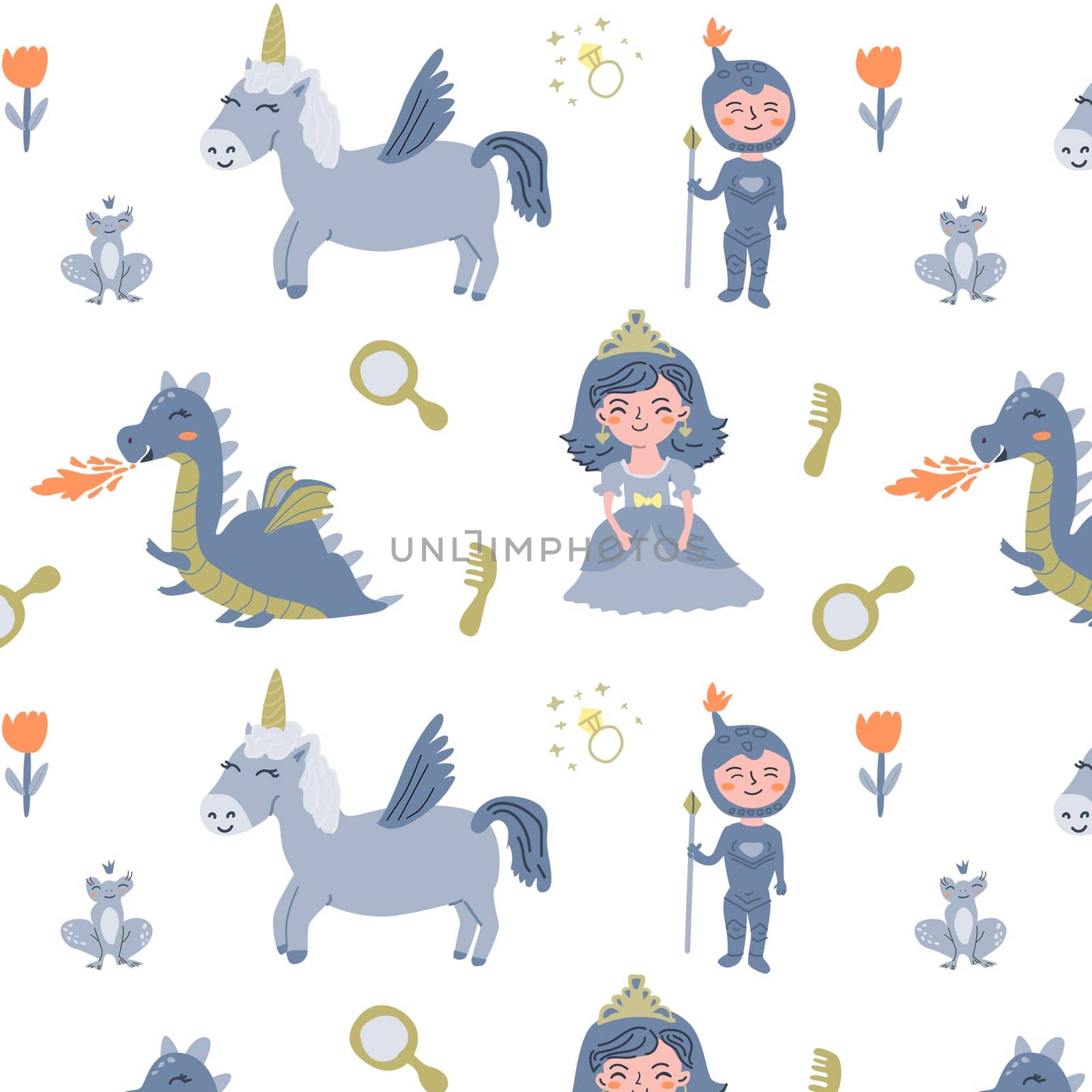 cute fairy characters seamless pattern isolated. Vector illustration of princess, knights, unicorn and dragon. can used for greeting card, childish celebration card, wallpapers.