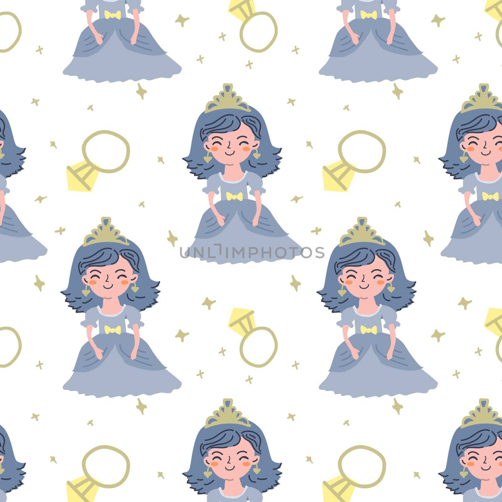 seamless pattern with ring and princess. Vector illustration on white background.