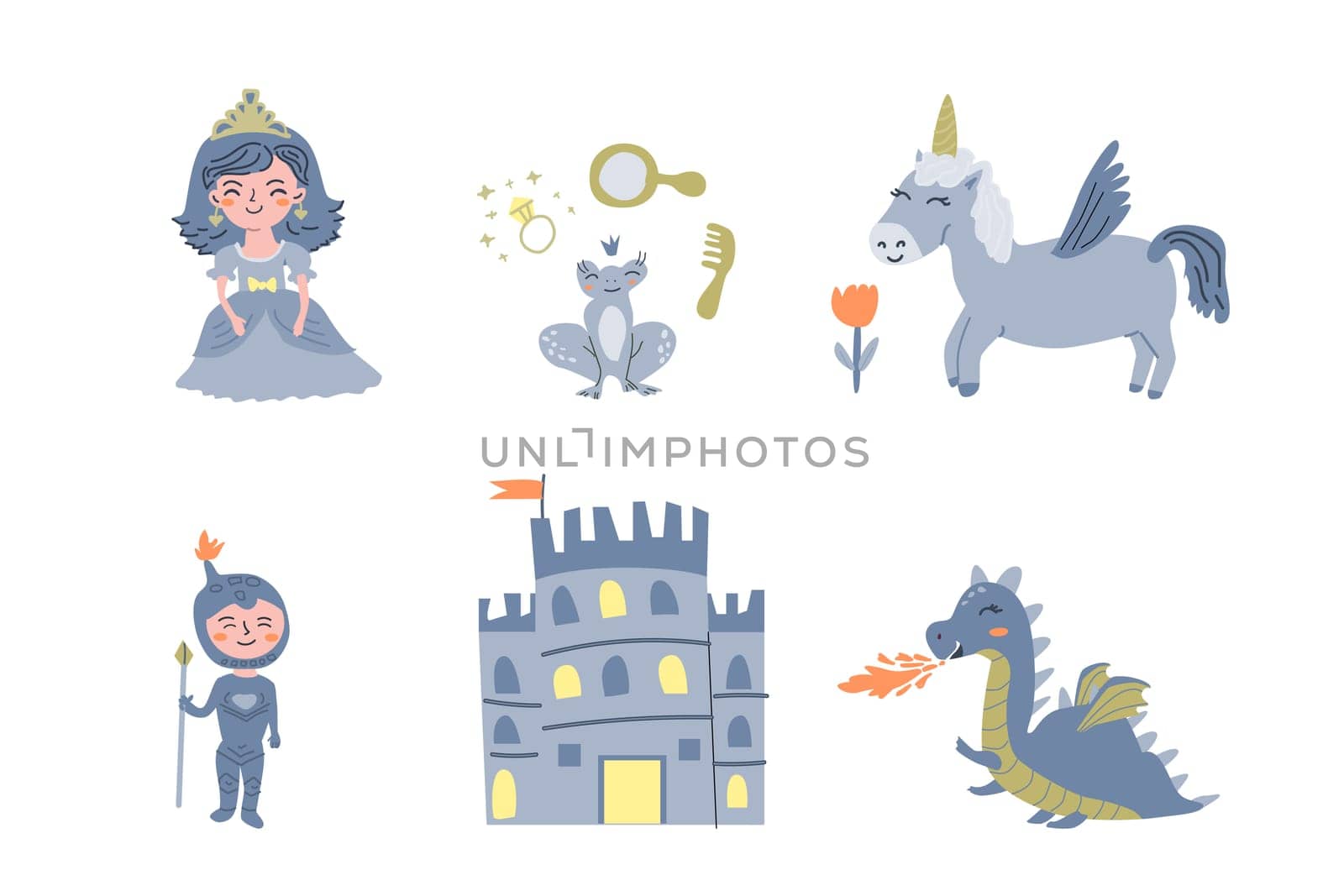 set of fairy cartoon characters princess, knight, animals. Vector illustration isolated. Can used for kids print, pattern, background, wallpaper.