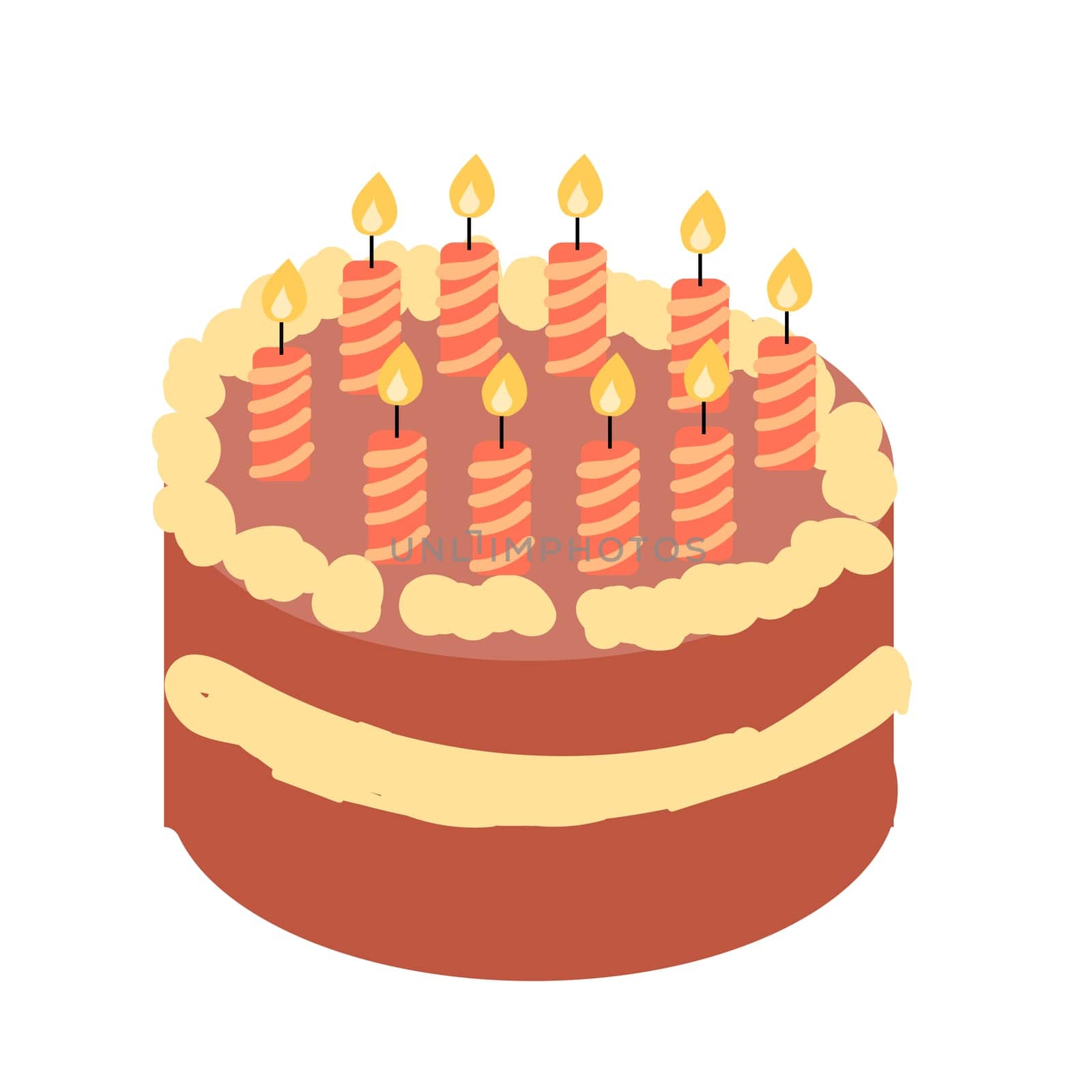 Hand drawn cartoon cake with cream and candles. Vector illustration isolated.