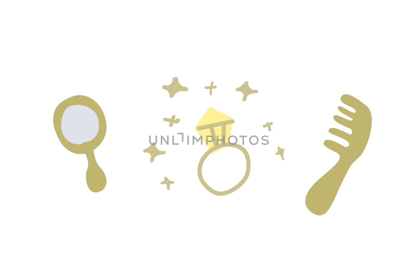comb and mirror, ring cartoon design elements of princess, girl or doll. Vector illustration isolated.