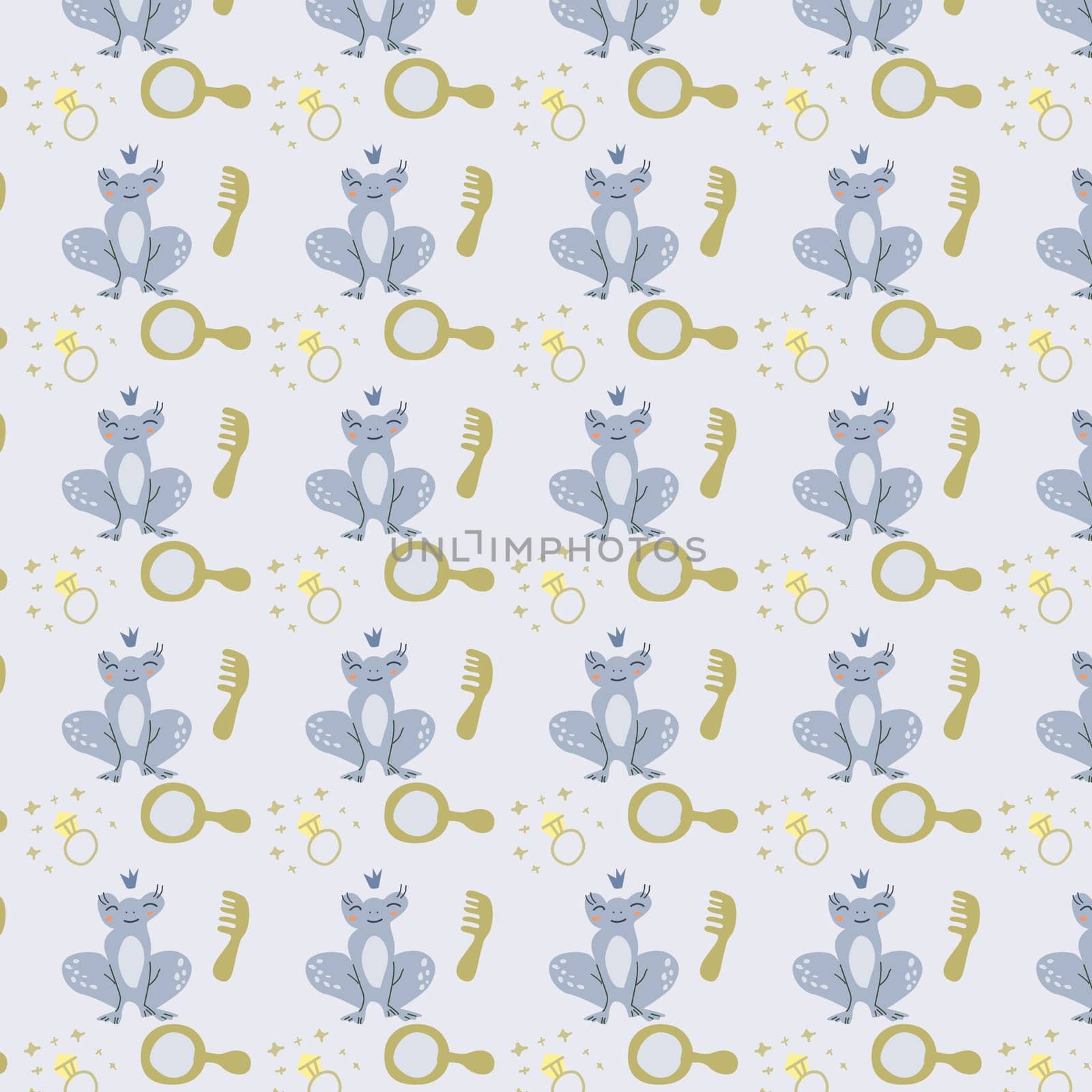 cute fairy small frog princess and accessories seamless pattern on grey background.