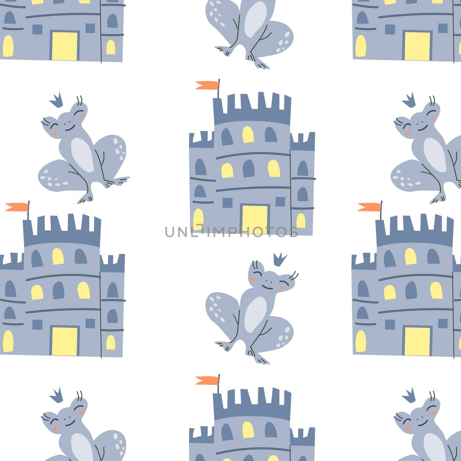 cute fairy characters frog animal and castle seamless pattern isolated. Vector illustration can used for greeting card, childish celebration card, wallpapers.