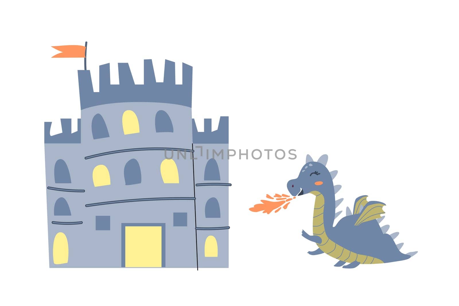 cartoon dragon and castle - fairy design elements. Vector illustration isolated. Can used for poster, postcard. Cartoon animal character with castle.