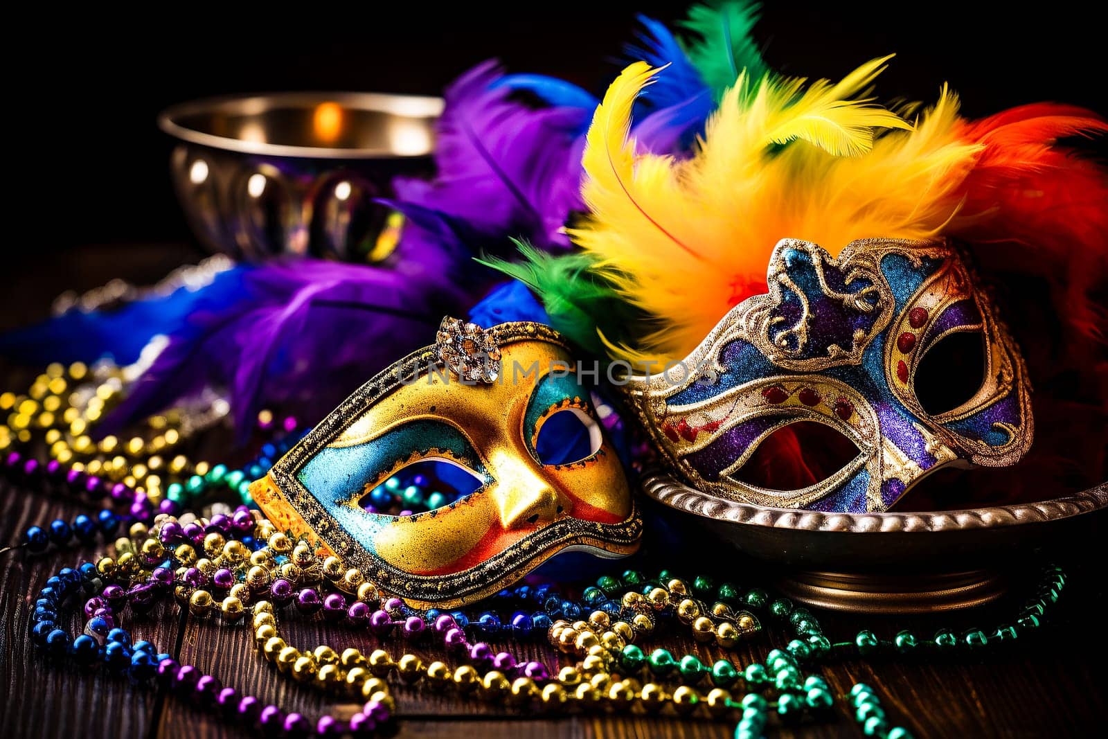 Group of carnival masks or disguises and decorations on a dark background