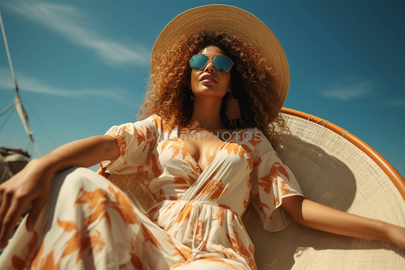 Beautiful spectacular curly young woman in a light dress and hat on a straw chair against the background of a bright blue sky on a sunny day.travel and vacation concept