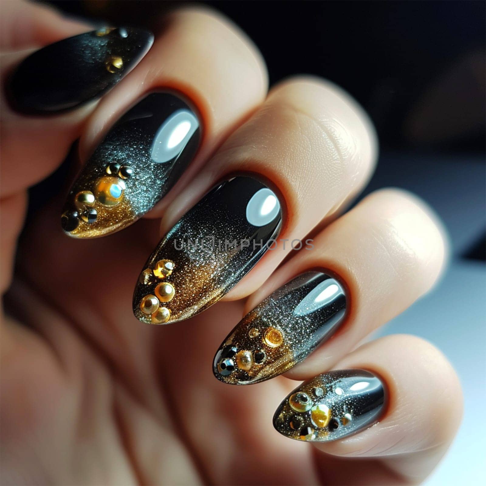 Close-up of exquisite luxury nail designs, nail extensions, rhinestone designs and designs