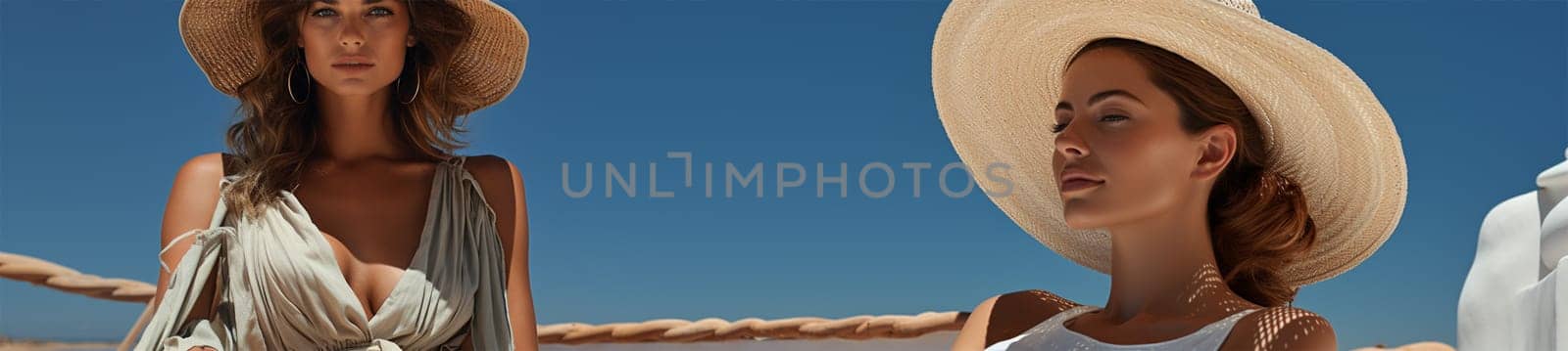 Beautiful spectacular young women in light dresses and hats relax against the background of a bright blue sky on a sunny day. travel and vacation concept .banner