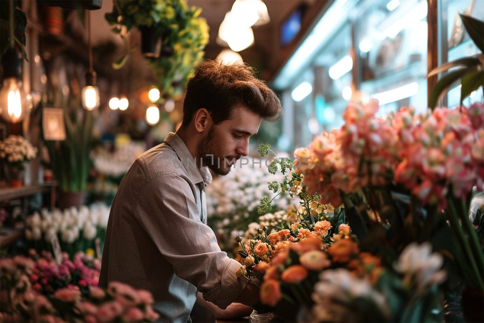 A young male seller collects a bouquet of flowers in a flower shop. bouquets for special events