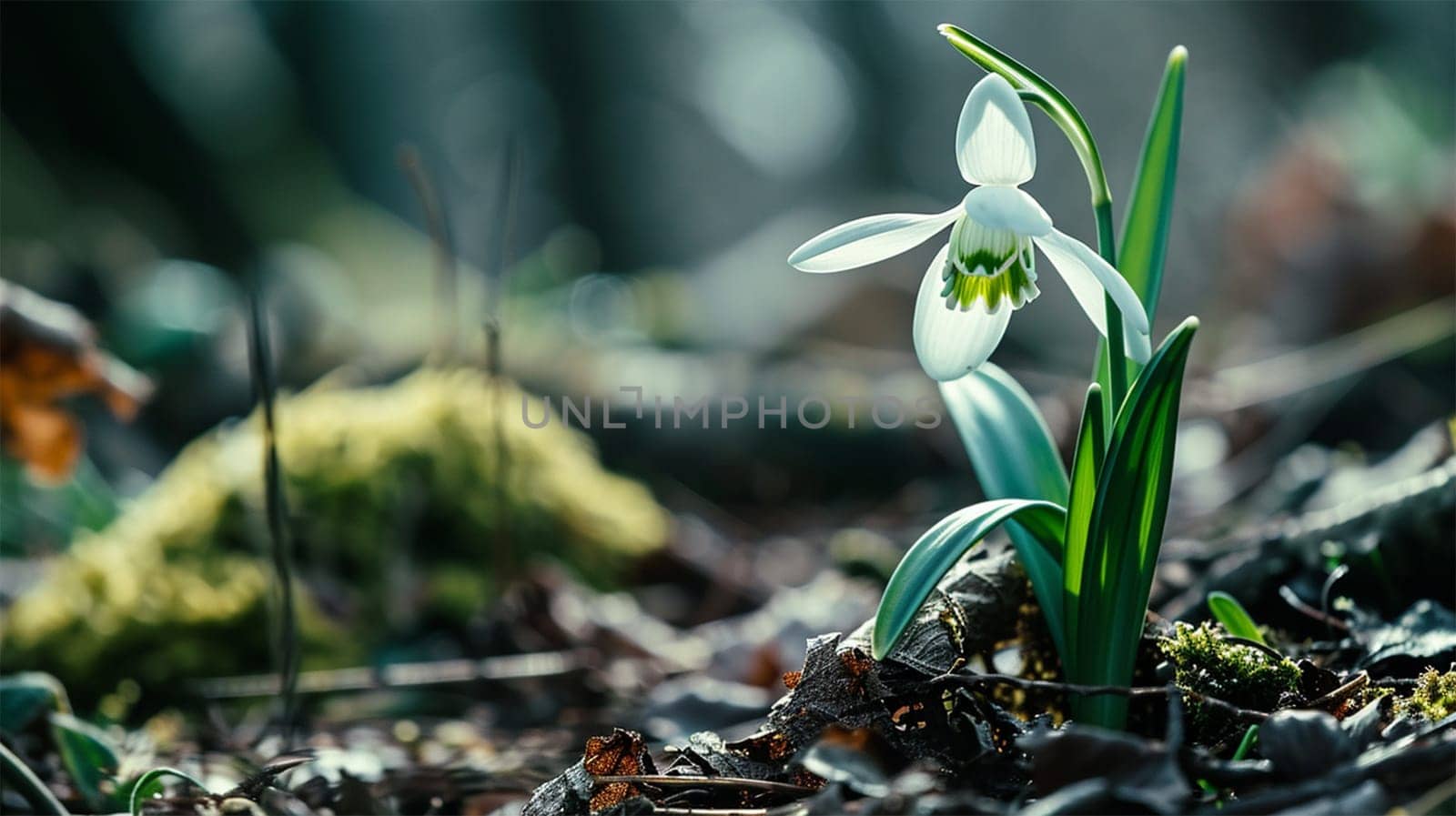 snowdrop flowers in a clearing in the forest, copy space .