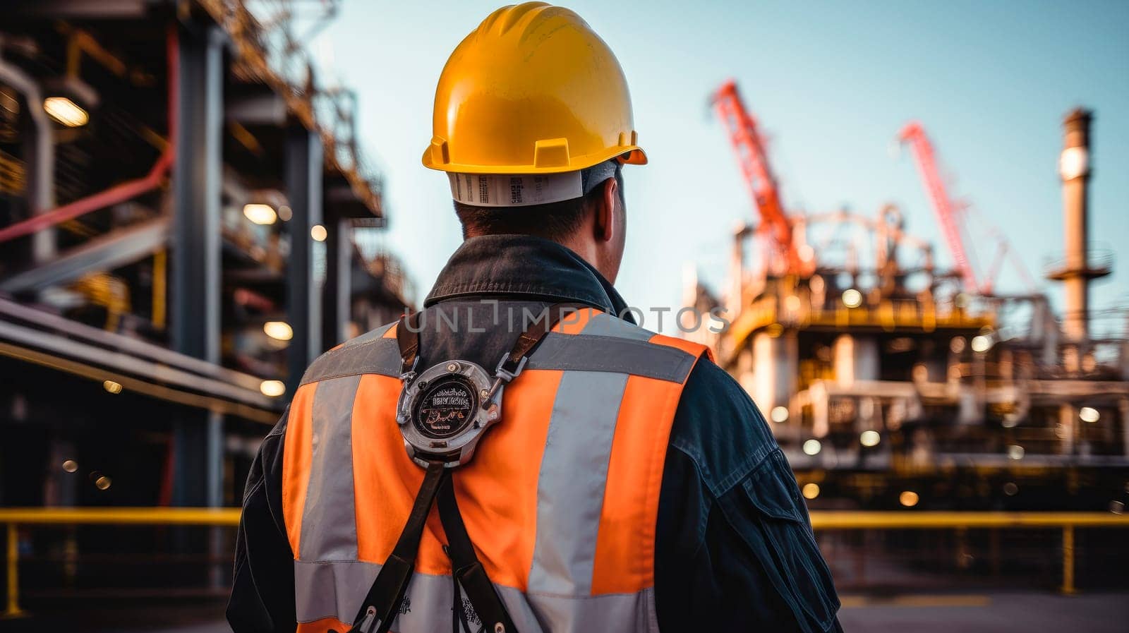 Back view of rig worker on oil platform. Offshore oil and gas industry. AI generated