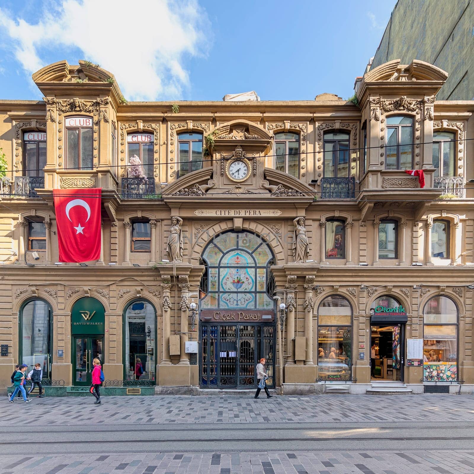 Istanbul, Turkey - May 13, 2023: Cicek Pasaji, or Cite de Pera, a historic passage, built during the late Ottoman era in 1876 by Hristaki Zografos Efendi and designed by the architect Cleanthy Zanno