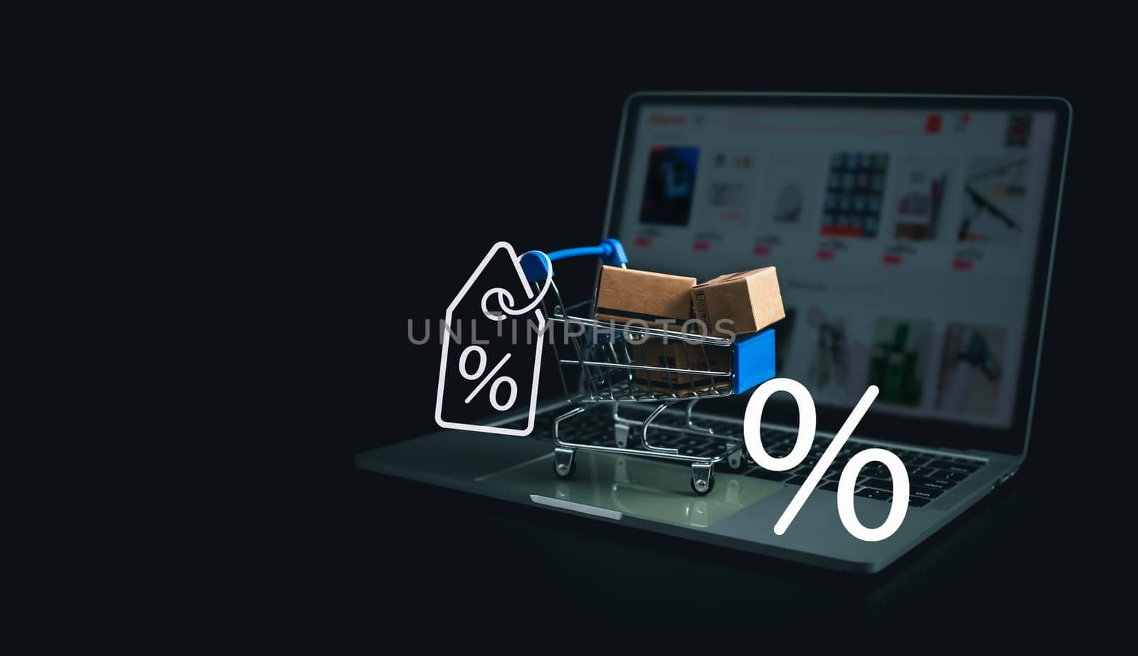Shopping concept. Paper boxes in blue shopping cart with sale price tag on white background. online shopping consumers can shop from home and delivery service. with copy space.