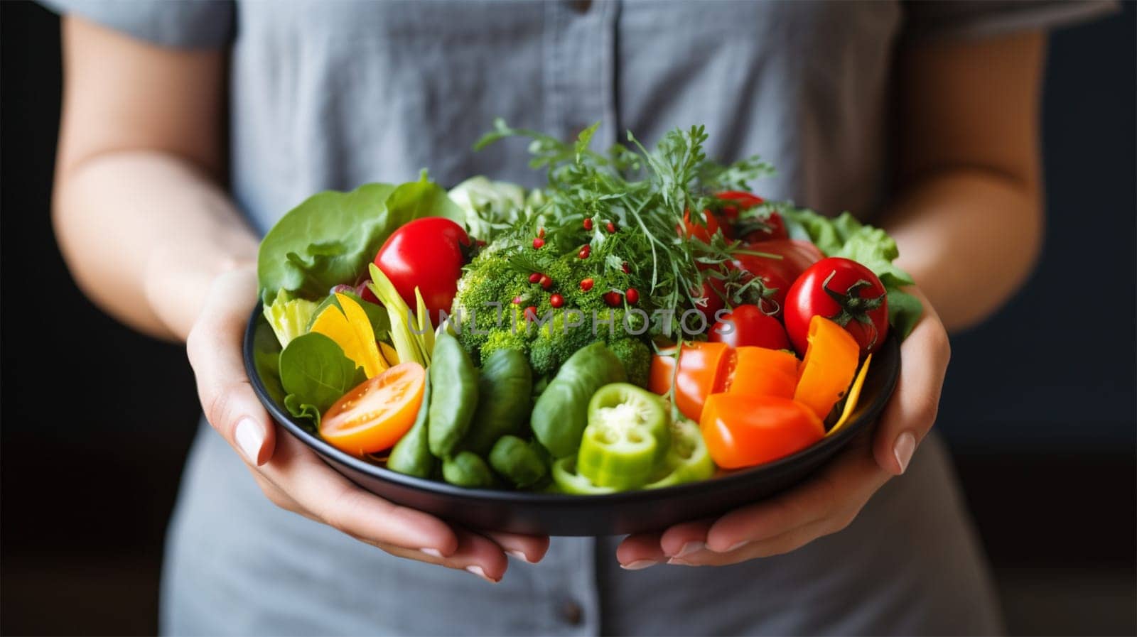 female hands holding a plate with vegetables, healthy eating and self-care.