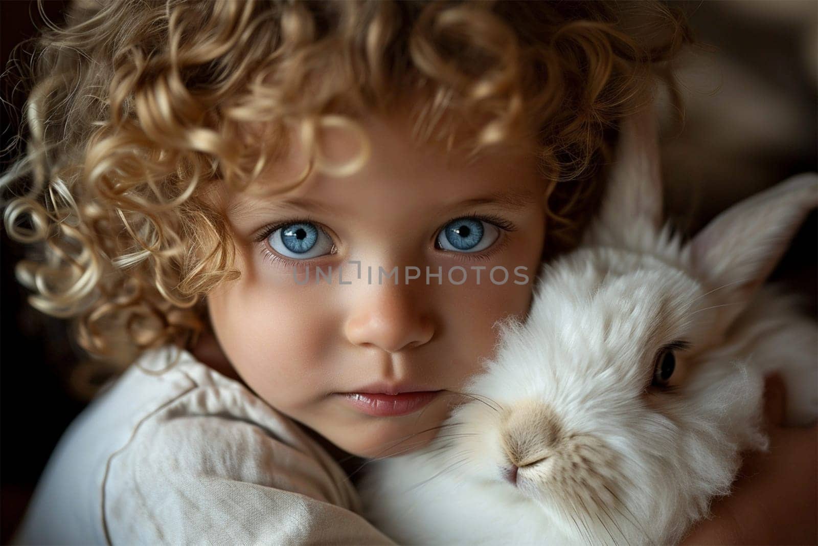portrait of a child with blond curly hair and bright blue eyes, looking at the camera, hugging a white rabbit, copy space
